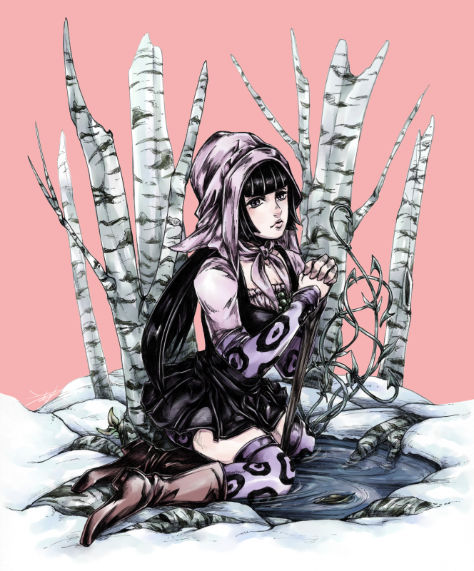 1girl, bare_tree, black_hair, boots, cane, guyai, hood, jojo_no_kimyou_na_bouken