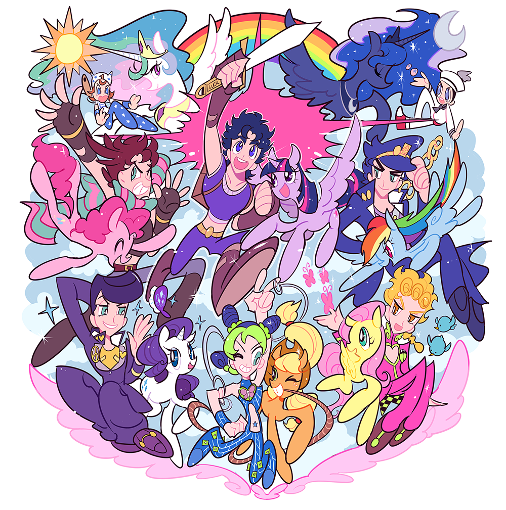applejack, celestia_(my_little_pony), colorful, crossover, fluttershy, giorno_giovanna, gyro_zeppeli, higashikata_jousuke
