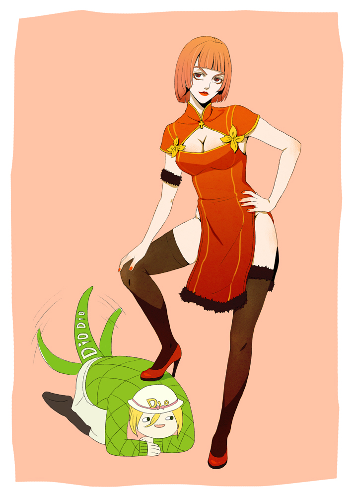 1boy, 1girl, caicai_(cafacaicai), china_dress, chinese_clothes, cleavage_cutout, diego_brando, femdom