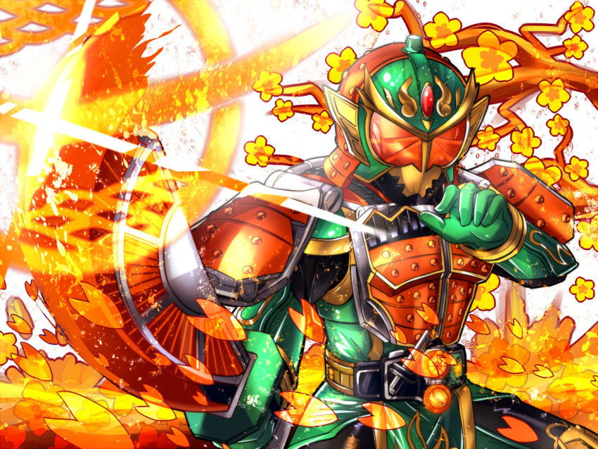 1boy, armor, belt, cherry_blossoms, food, fruit, kamen_rider, kamen_rider_gaim_(series)