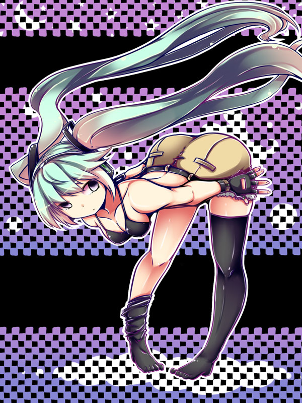 1girl, belt, bent_over, bikini_top, checkered, checkered_background, fingerless_gloves, floating_hair