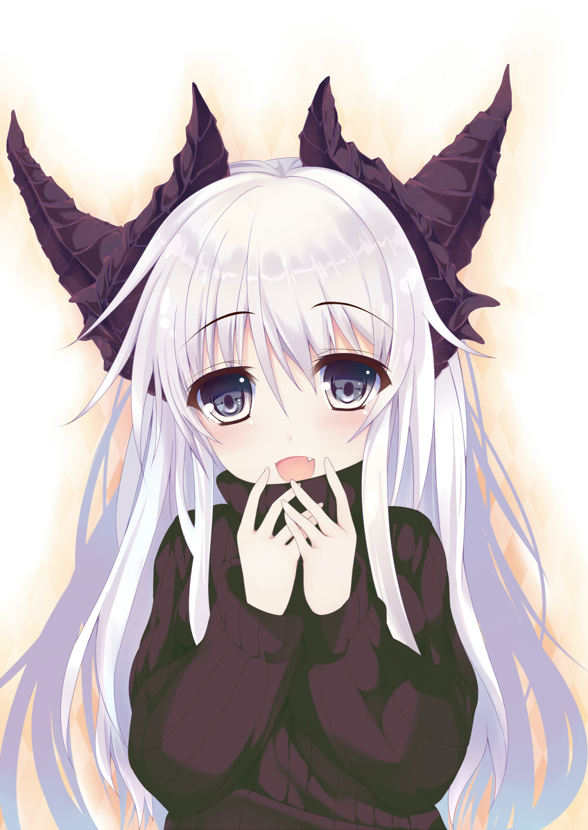 1girl, :d, fang, grey_eyes, horns, kyona_(konakona), long_hair, looking_at_viewer