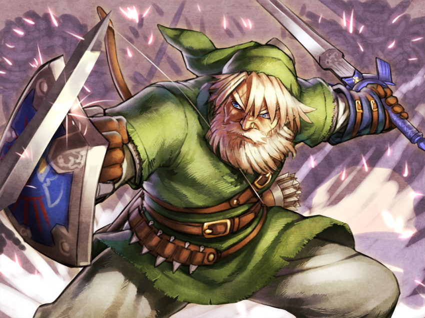 1boy, arrow, battle, beard, belt, blonde_hair, blue_eyes, bow_(weapon)