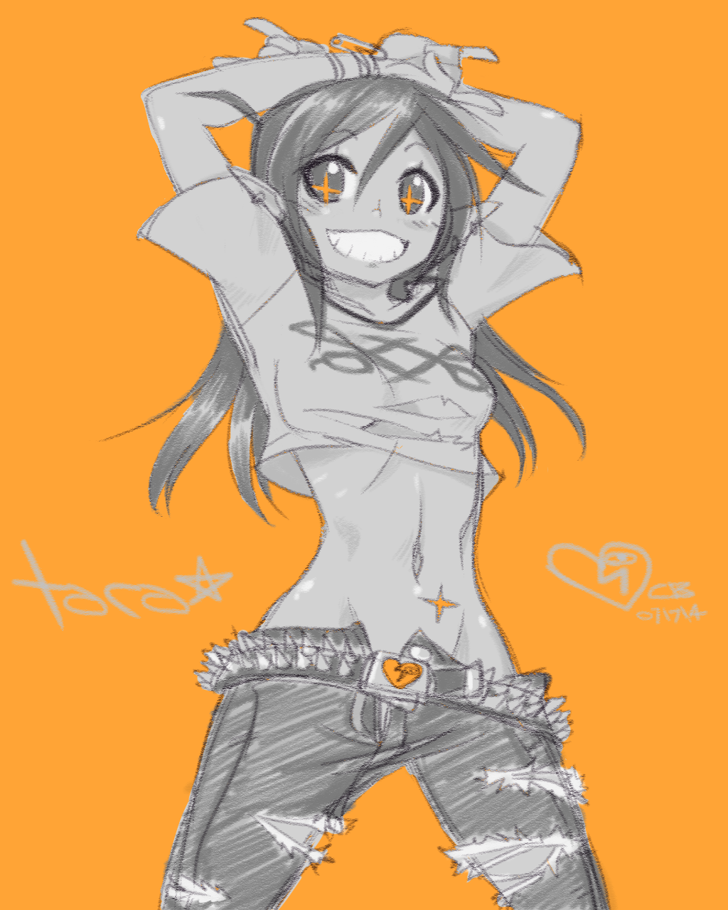 +_+, 1girl, \m/, ahoge, arms_up, crop_top, dark_elf, demon_mages