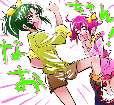 2girls, :d, biho_(tsuinku), bow, double_bun, female, green_eyes, green_hair