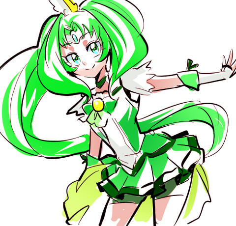 1girl, biho_(tsuinku), bike_shorts, bowtie, brooch, choker, circlet, cure_march, fingerless_gloves, gloves, green_eyes, green_hair, green_skirt, jewelry, long_hair, lowres, magical_girl, midorikawa_nao, ponytail, precure, shorts_under_skirt, skirt, smile, smile_precure!, solo, tri_tails, white_background