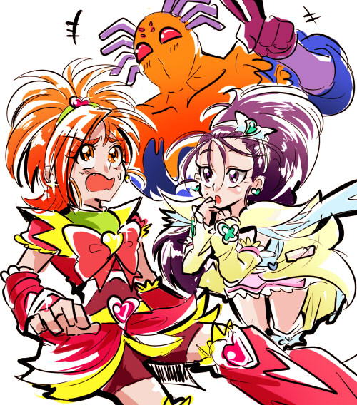 1boy, 2girls, :o, arm_warmers, biho_(tsuinku), bike_shorts, bow, brooch, brown_eyes, brown_hair, cure_bloom, cure_egret, dorodoron, double_v, earrings, futari_wa_precure_splash_star, half_updo, hyuuga_saki, jewelry, long_hair, magical_girl, mishou_mai, multiple_girls, ponytail, precure, purple_hair, red_eyes, ribbon, short_hair, shorts_under_skirt, skirt, sweat, v, violet_eyes