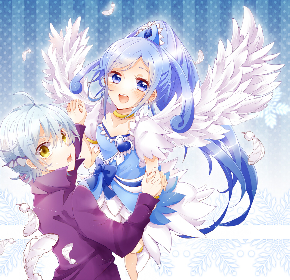 1boy, 1girl, angel_wings, blue_background, blue_eyes, blue_hair, bow, choker