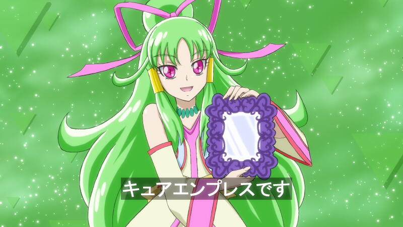 1girl, bow, cure_empress, detached_sleeves, dokidoki!_precure, fake_screenshot, green_background, green_hair