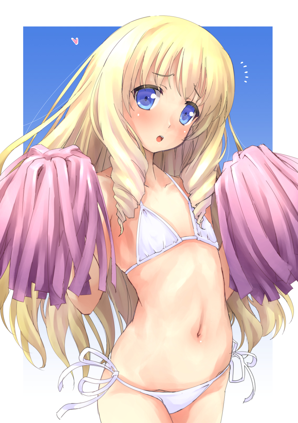 1girl, amagi_brilliant_park, bikini, blonde_hair, blue_eyes, blush, drill_hair, flat_chest, highres, latifa_fleuranza, long_hair, looking_at_viewer, mao_(6r), navel, open_mouth, pom_poms, side-tie_bikini, solo, swimsuit, twin_drills, white_bikini, white_swimsuit