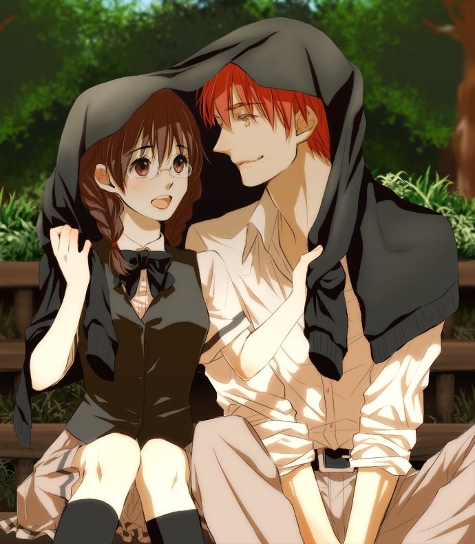 1boy, 1girl, akabane_karma, ansatsu_kyoushitsu, black_hair, braid, glasses, kobayashi_(oksk0x0)