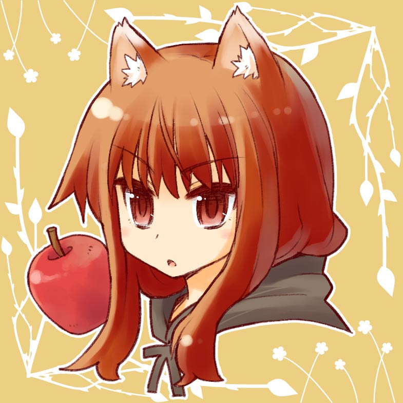 apple, brown_hair, food, fruit, halo_(artist), holo, long_hair, portrait