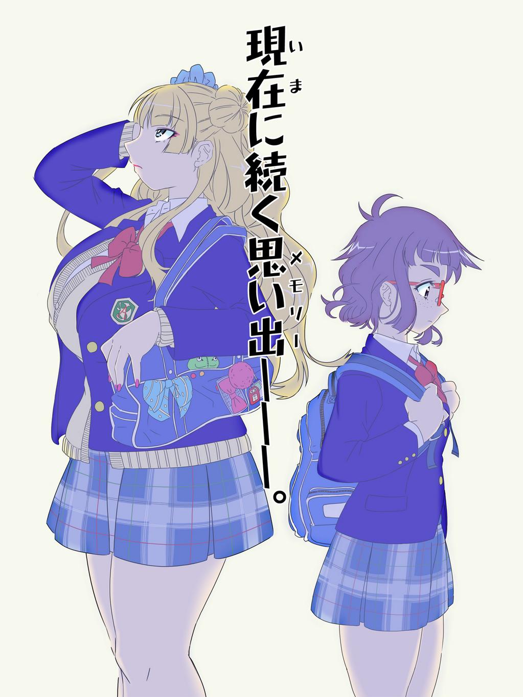 2girls, asymmetrical_hair, back-to-back, backpack, bag, black_hair, blazer, blue_eyes