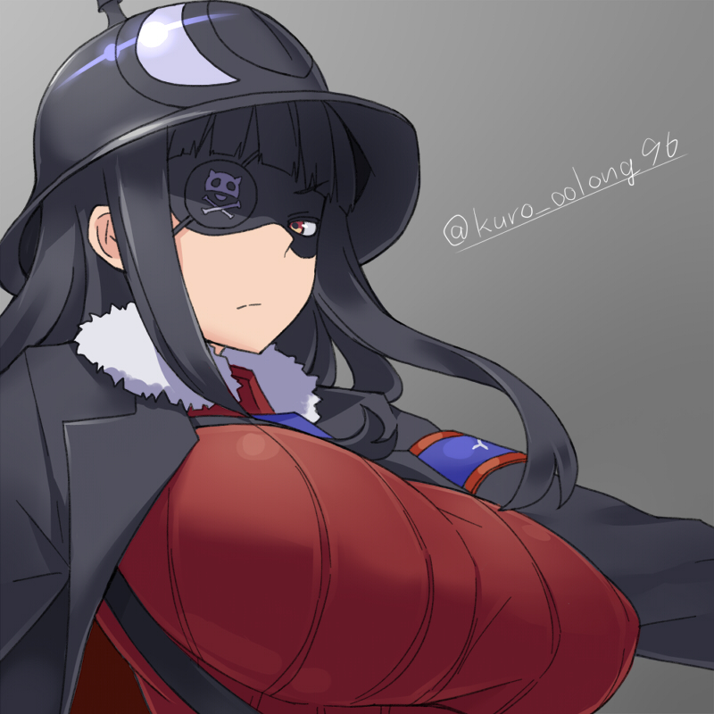 1girl, armband, black_hair, breasts, eyepatch, kuro_oolong, long_hair, looking_at_viewer