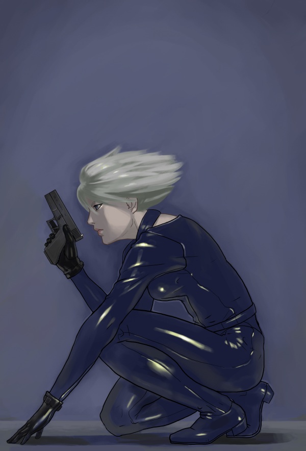 1girl, black_gloves, blue_eyes, bodysuit, breasts, christie_(doa), dead_or_alive, gloves