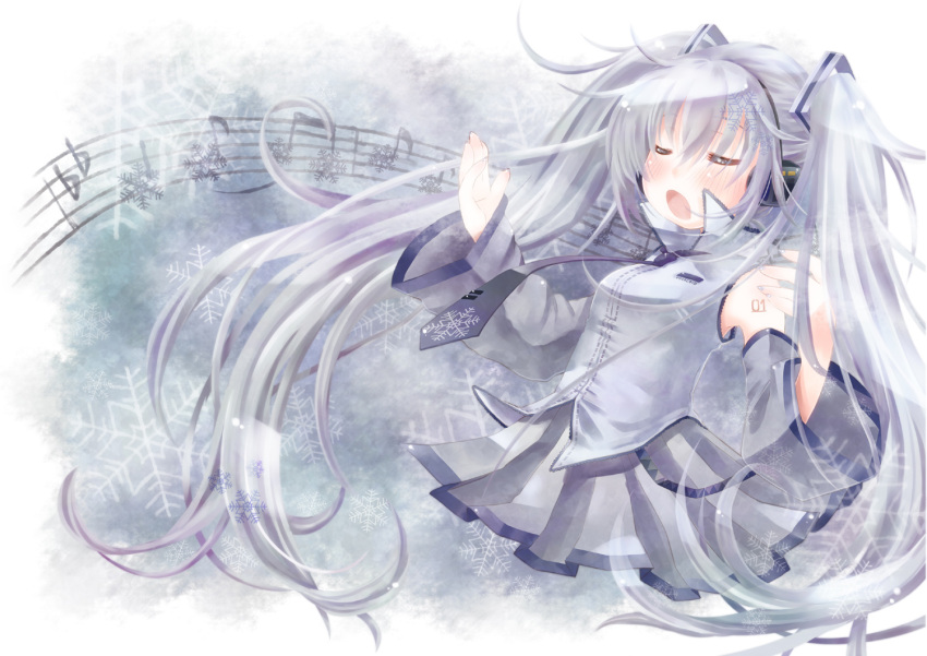 1girl, blue_hair, blush, closed_eyes, detached_sleeves, hatsune_miku, headphones, headset, long_hair, musical_note, necktie, open_mouth, promotions, skirt, snow, solo, twintails, very_long_hair, vocaloid, winter, yuki_miku, yukiu_kon