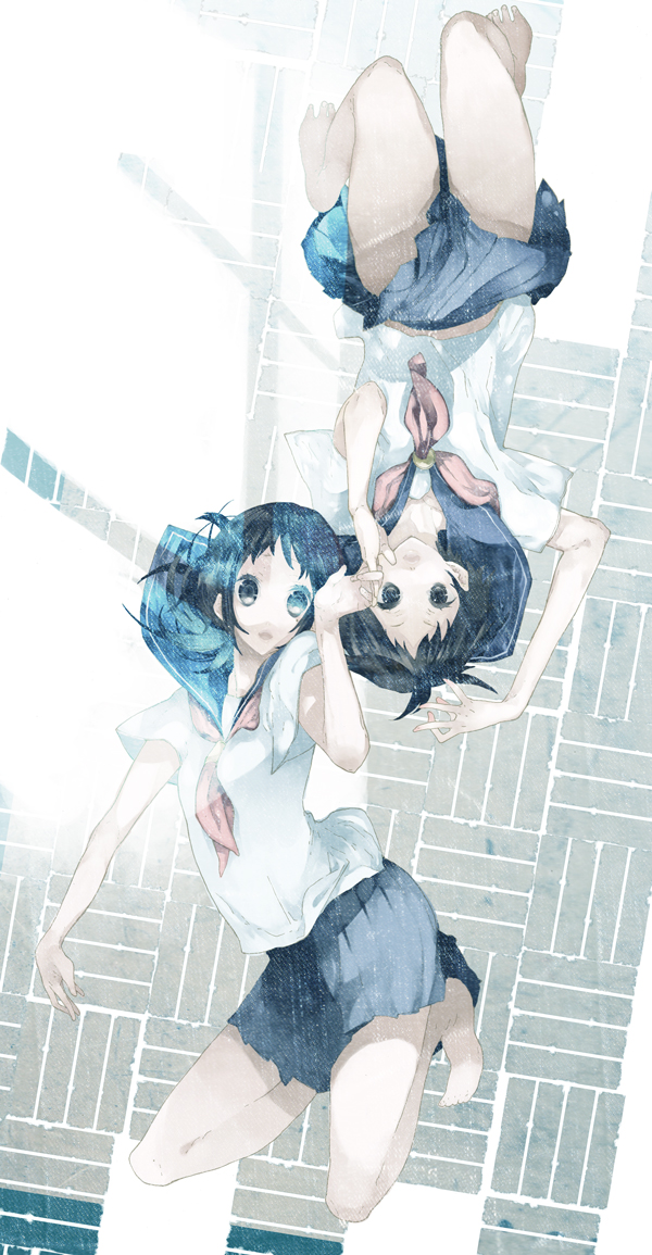 bad_id, barefoot, black_eyes, black_hair, feet, hand_holding, holding_hands, kaga_ai