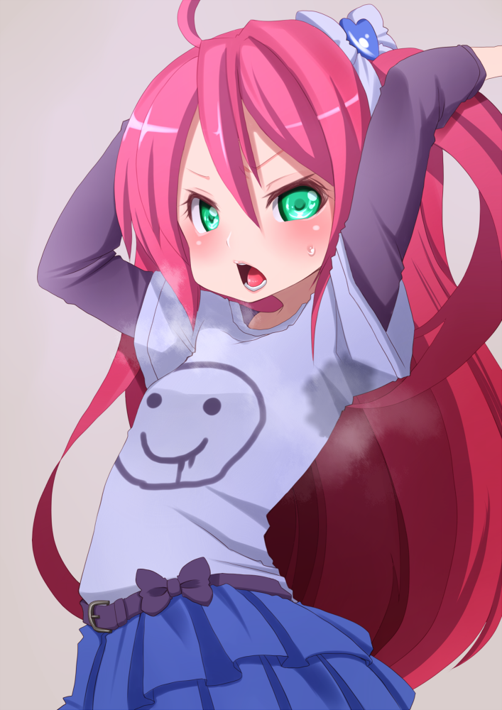 1girl, ahoge, aqua_eyes, armpits, arms_up, blush, douraku_utage, female, flat_chest, hair_ornament, hairclip, lob-ster, long_hair, long_sleeves, one_side_up, ore_no_nounai_sentakushi_ga_gakuen_love-comedy_wo_senryoku_de_jama_shiteru, pink_hair, skirt, smell, solo, sweat, sweatdrop, t-shirt, very_long_hair