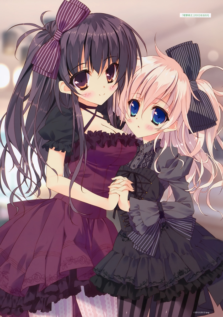 2girls, absurdres, black_hair, black_legwear, blonde_hair, blue_eyes, bow, breasts