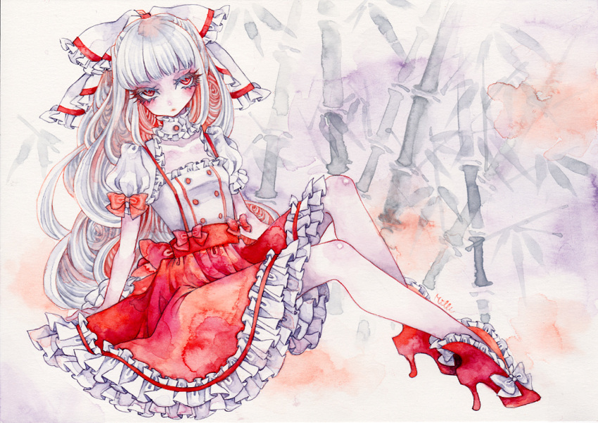 1girl, alternate_costume, bamboo, bangs, blunt_bangs, bow, bowtie, collar