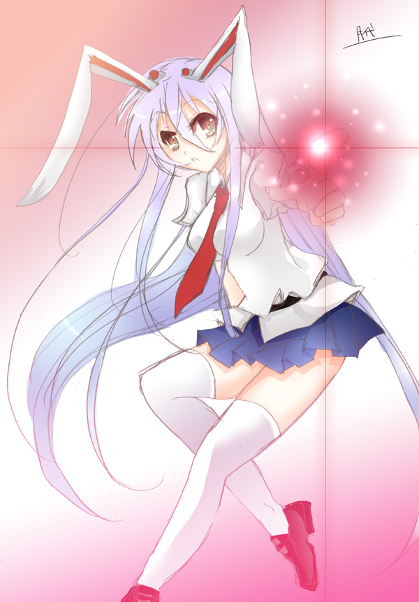 1girl, animal_ears, finger_gun, long_hair, necktie, purple_hair, rabbit_ears, red_eyes