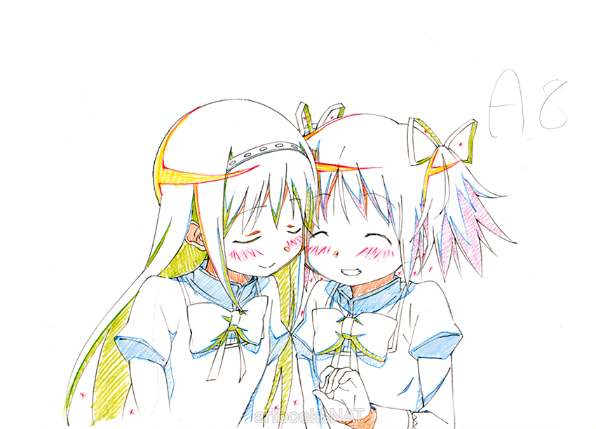 2girls, akemi_homura, blush, bow, cheek-to-cheek, cheek_press, closed_eyes, color_trace