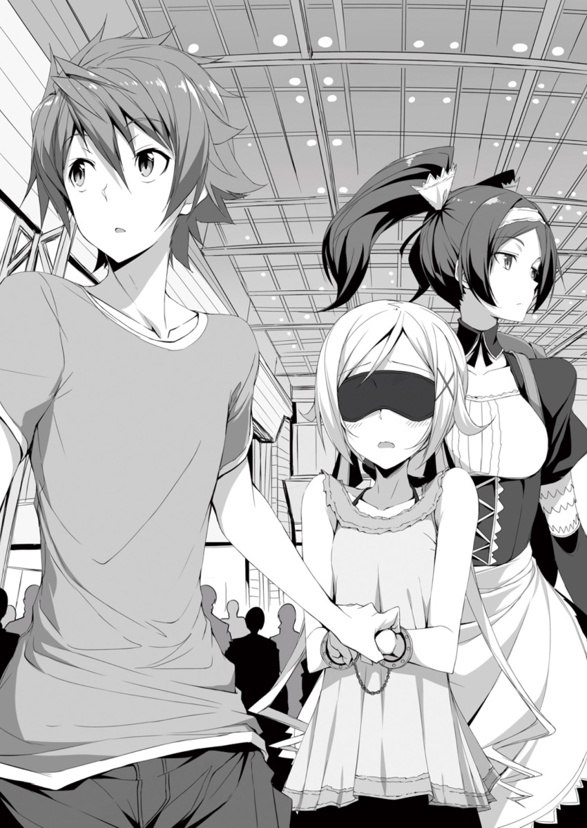 1boy, 2girls, bare_shoulders, blindfold, blush, cuffs, handcuffs, highres