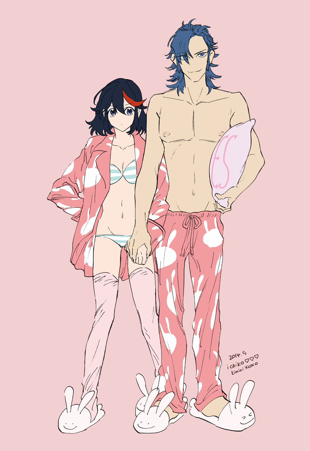 1boy, 1girl, animal_slippers, black_hair, blue_eyes, blue_hair, bra, bunny_slippers