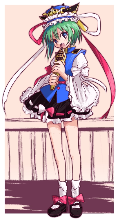 1girl, arm_ribbon, blouse, blue_eyes, blush, frilled_skirt, frills, full_body