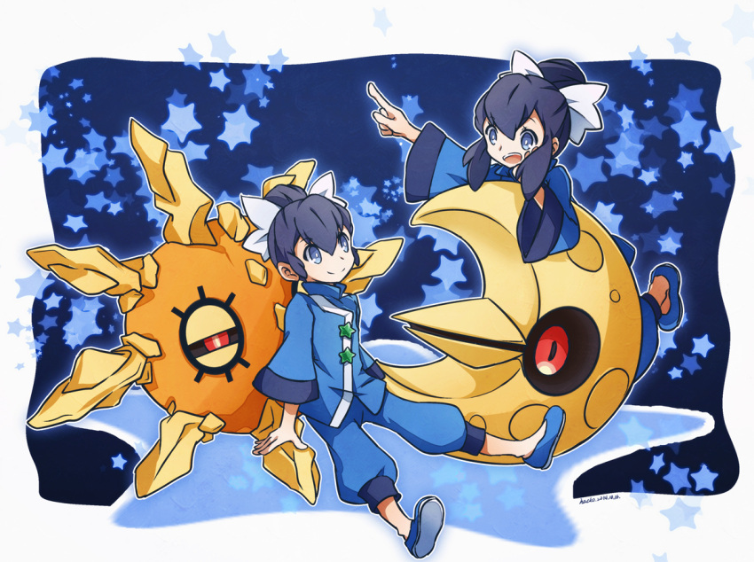 1boy, 1girl, blue_eyes, blue_hair, brother_and_sister, chinese_clothes, fuu_(pokemon), hacko
