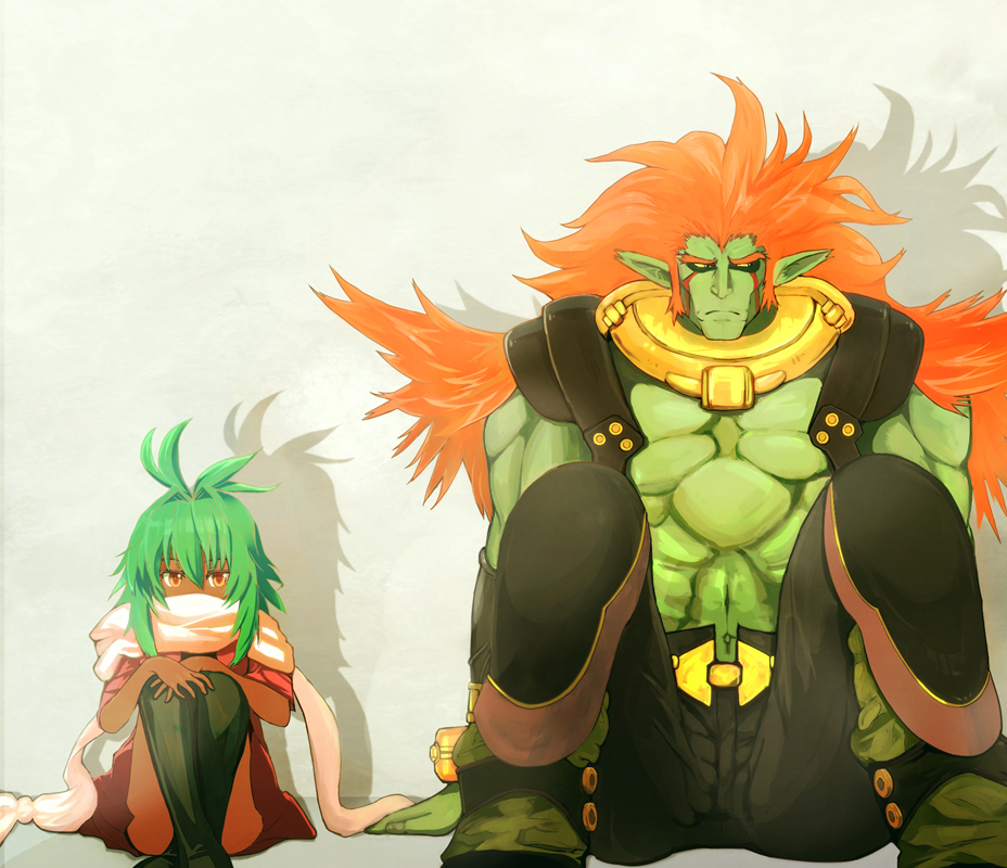 dark_skin, emeralda_kasim, green_hair, green_skin, long_hair, muscle, orange_hair, ricardo_banderas