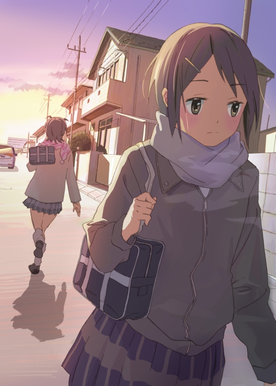 bag, coat, iizuka_yuzu, ikeno_kaede, sakura_trick, school_uniform, shadow, sweater