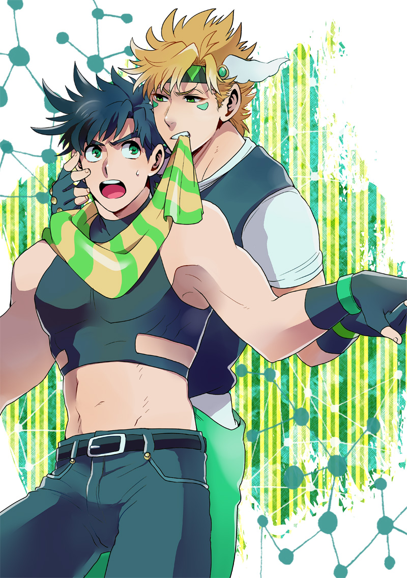111132daiti, 2boys, biting_clothes, black_hair, blue_hair, caesar_anthonio_zeppeli, facial_mark, fingerless_gloves