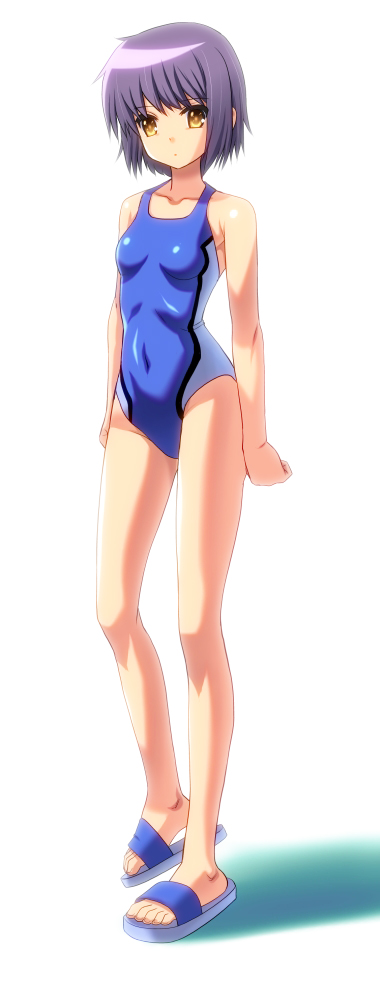 brown_eyes, competition_swimsuit, grey_hair, legs, nagato_yuki, okina_sai, okina_sen, one-piece_swimsuit, sandals, suzumiya_haruhi_no_yuuutsu, swimsuit