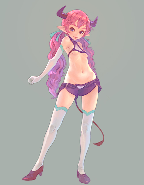 breasts, demon_girl, demon_tail, elbow_gloves, gloves, high_heels, horns, legs
