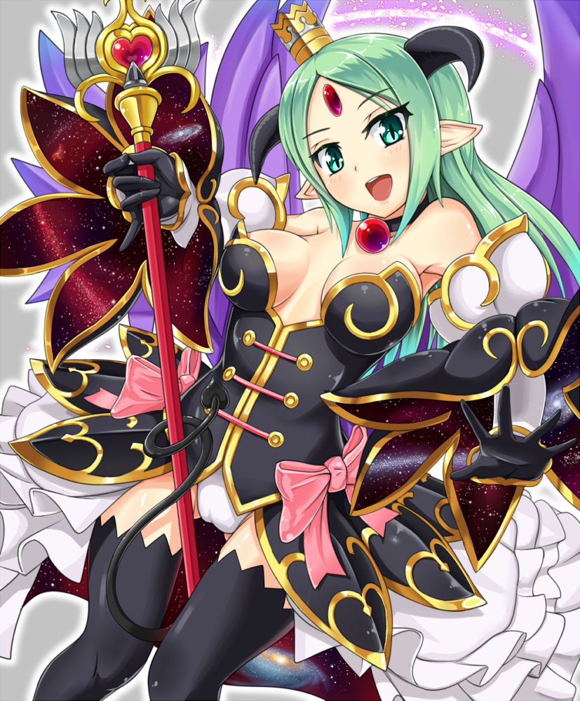1girl, :d, alfine, black_legwear, breasts, cleavage, crown, demon_horns