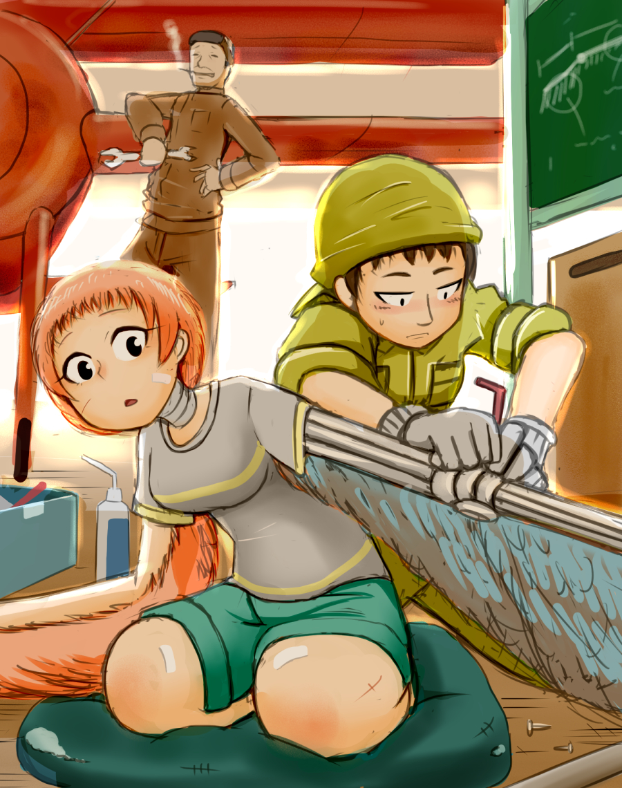 1girl, 2boys, airplane, amputee, bandages, bandaid, breasts, brown_hair, cigarette, feathered_wings, gloves, hand_on_hip, harpy, hat, mechanic, monster_girl, multiple_boys, nail, okahi, orange_hair, original, overalls, prosthesis, prosthetic_wing, repairing, scar, seiza, short_hair, sitting, smoking, sweatdrop, wings, wrench