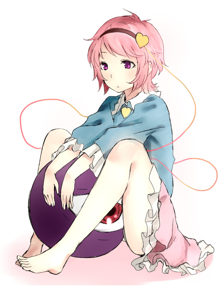 1girl, barefoot, eyeball, hairband, heart, highres, komeiji_satori, long_sleeves