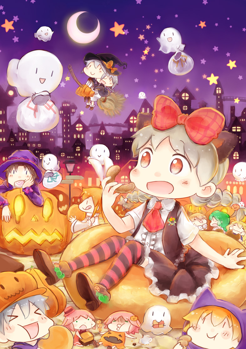 :d, :q, ascot, blonde_hair, broom, brown_eyes, brown_hair, chibi, crescent, drill_hair, flying, ghost, green_hair, halloween, hat, hinata_yuu, low_twintails, multiple_girls, open_mouth, original, pink_hair, riding, silver_hair, sitting, smile, solo_focus, tongue, tongue_out, twin_drills, twintails, witch_hat