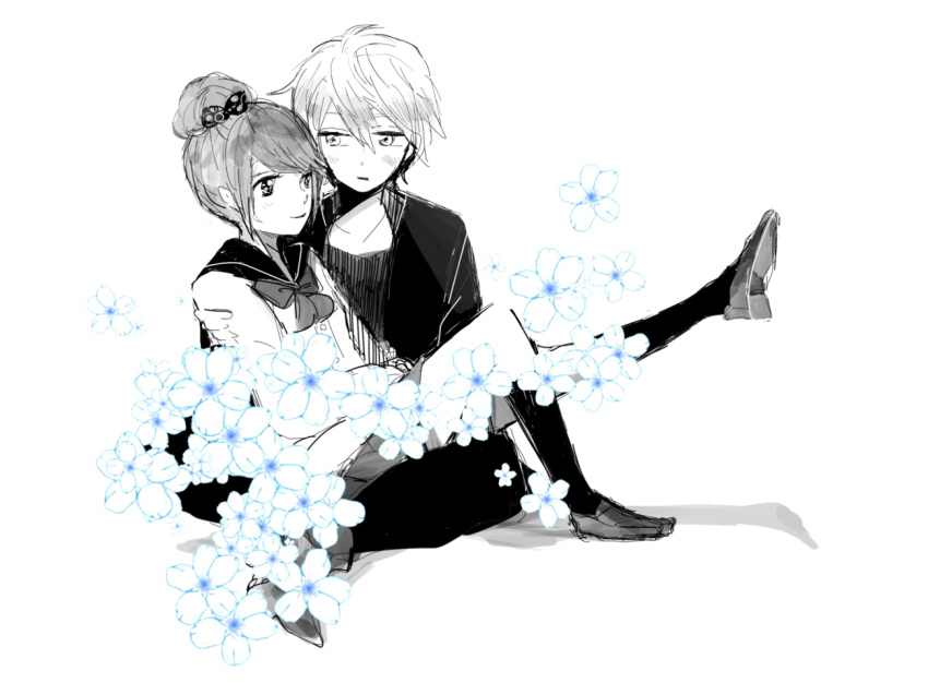 1boy, 1girl, blush, ek_ko, flower, hair_bun, hashiba_izumi, high_score