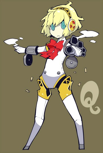 1girl, aegis, aegis_(persona), blonde_hair, blue_eyes, bow, bullet_casing, dowman_sayman