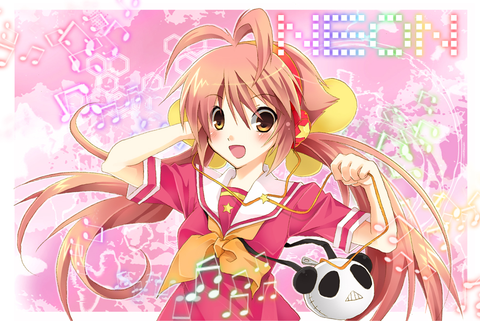 blush, cute, headphones, kuropochi, musical_note, neon_(nipponbashi_project), nipponbashi_project, open_mouth