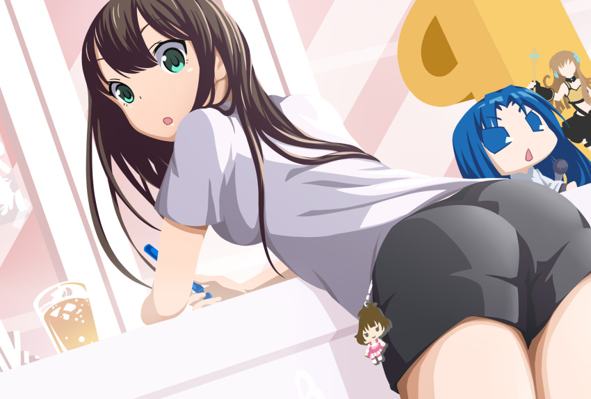 akizuki_ryou, ass, brown_hair, chibi, chihyaa, green_eyes, highres, idolmaster