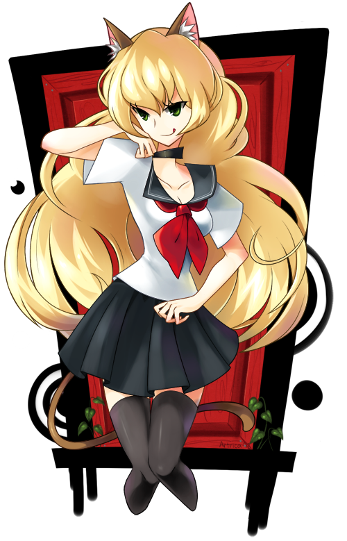 :p, animal_ears, artrica, blonde_hair, cat_ears, cat_tail, choker, door