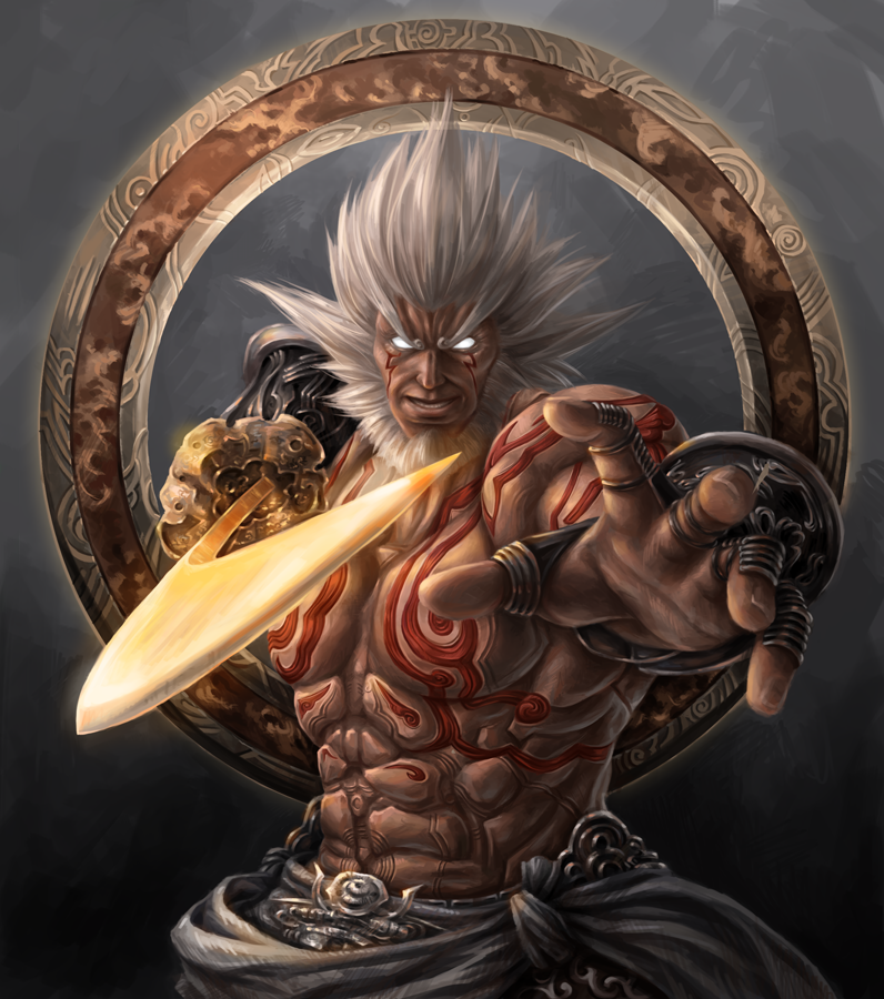 1boy, asura's_wrath, augus, beard, blank_eyes, cowboy_shot, facial_hair, fighting_stance, foreshortening, glowing, glowing_eyes, jason_peng, looking_at_viewer, male, manly, muscle, realistic, shirtless, smile, solo, spiky_hair, sword, tattoo, vambraces, weapon, white_hair