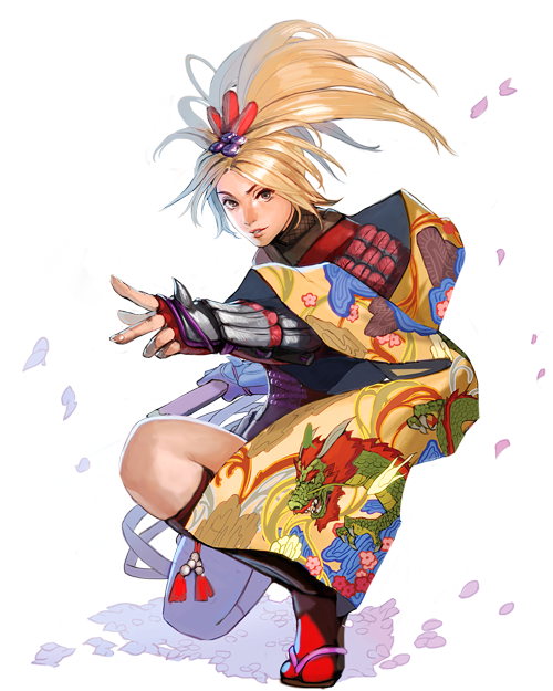 1girl, blonde_hair, fan, hair_ornament, hair_up, japanese_clothes, kneeling, lips