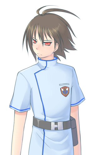 1boy, antenna_hair, belt, brown_hair, chou_shittou_caduceus, cr-s01, frown, lowres