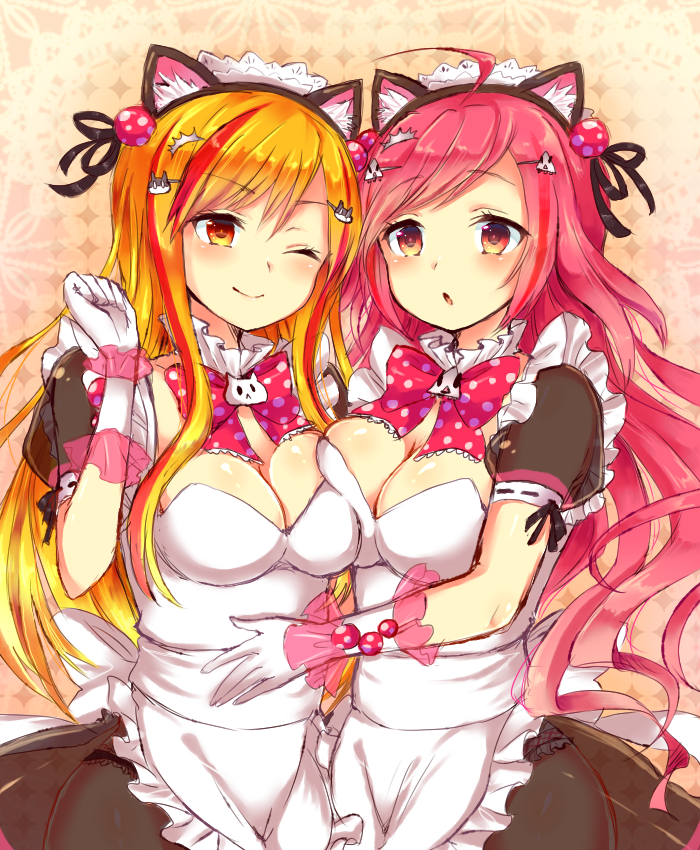 2girls, :o, animal_ears, apron, beatmania, beatmania_iidx, bow, bowtie