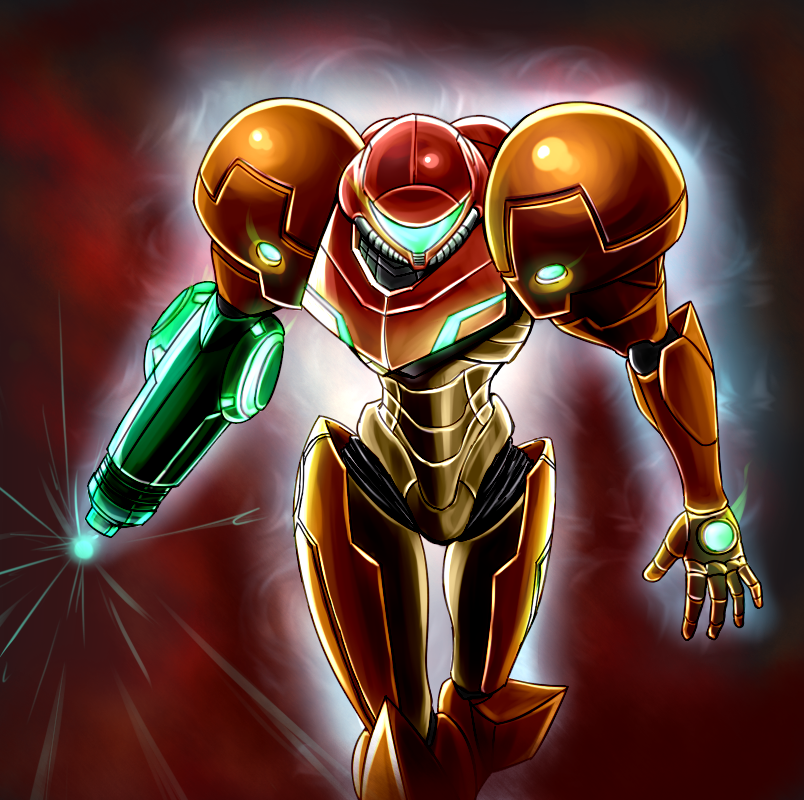 1girl, arm_cannon, aura, glowing, helmet, metroid, power_suit, samus_aran, solo, tsubasa_(godbardtsubasa), varia_suit, weapon
