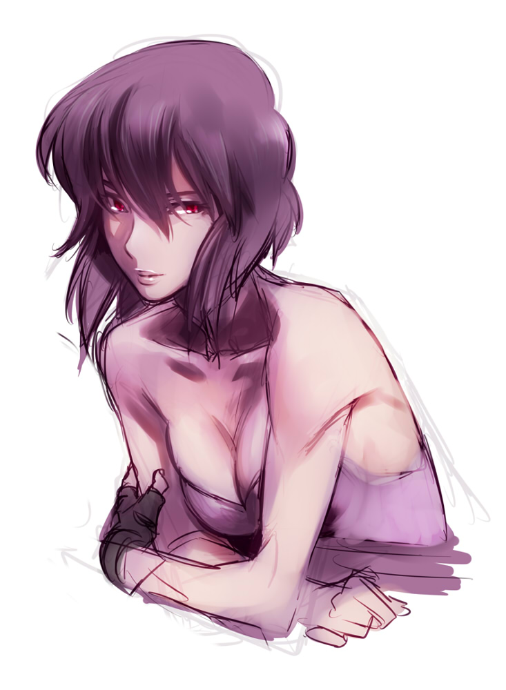 1girl, bare_shoulders, bob_cut, breasts, cleavage, fingerless_gloves, ghost_in_the_shell, gloves